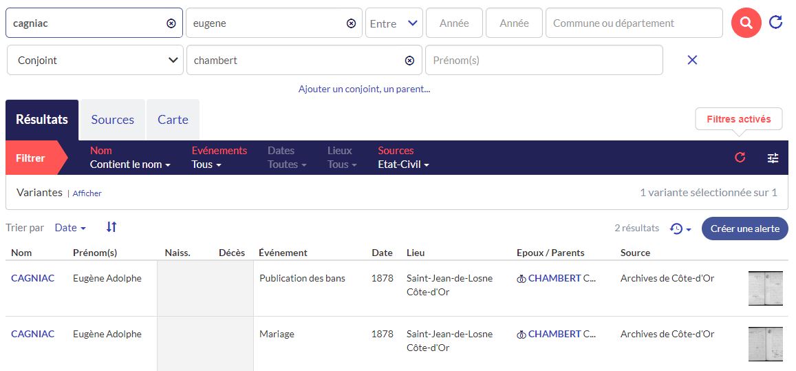Recherche du couple Cagniac Chambert